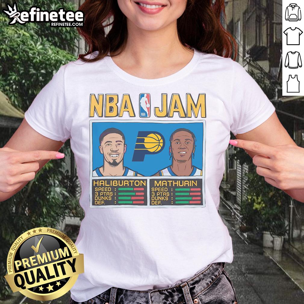 Alt Text: Nice Indiana Pacers NBA Jam tee featuring Haliburton and Mathurin, perfect for ladies who love basketball.