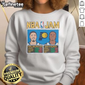 Nice Indiana Pacers NBA Jam sweatshirt featuring Haliburton and Mathurin, perfect for fans of the team and basketball.