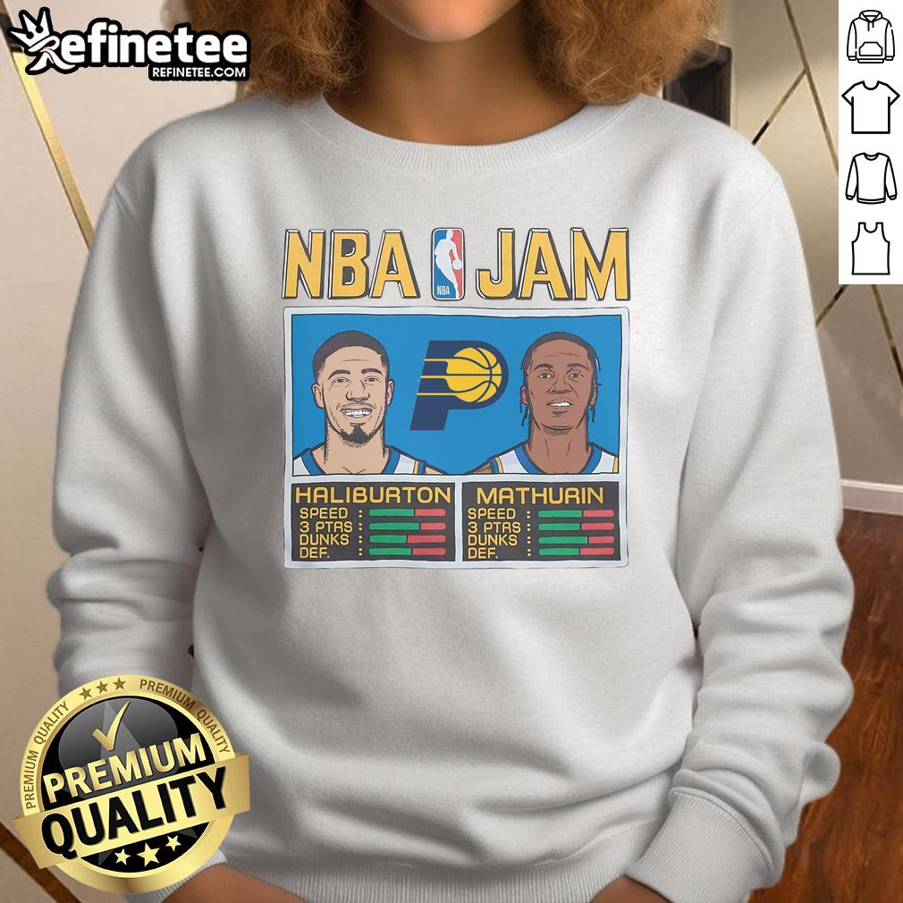 Nice Indiana Pacers NBA Jam sweatshirt featuring Haliburton and Mathurin, perfect for fans of the team and basketball.