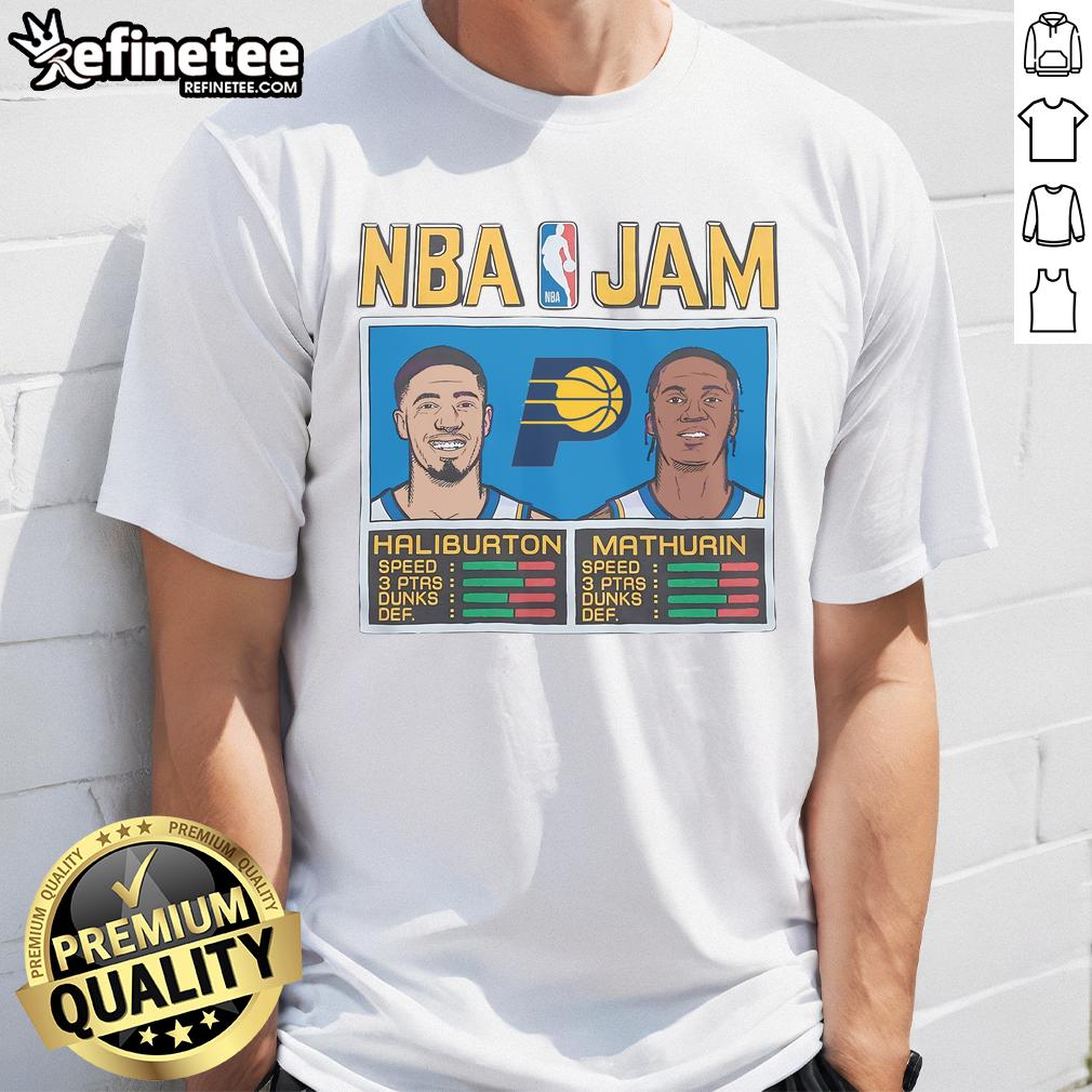 Nice Indiana Pacers NBA Jam T-shirt featuring Haliburton and Mathurin, perfect for basketball fans and collectors.