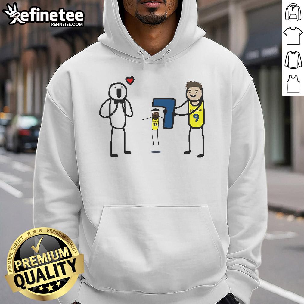 Alt Text: Cartoon hoodie featuring T.J. McConnell, celebrating Indiana Pacers' Finals Game 7 victory.