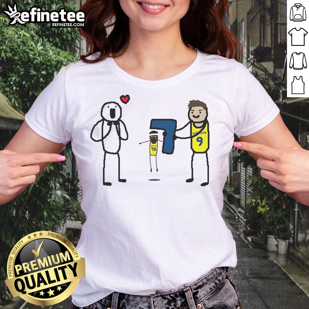 Alt Text: Cartoon ladies tee featuring T.J. McConnell, celebrating the Indiana Pacers Finals Game 7 excitement.