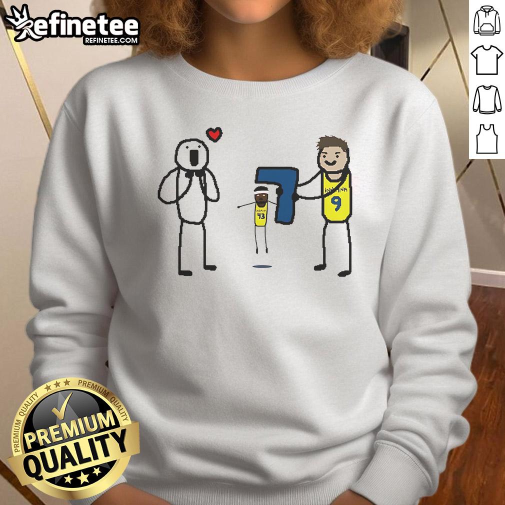 Alt Text: Cartoon sweatshirt featuring T.J. McConnell of the Indiana Pacers celebrating a Finals Game 7 moment.