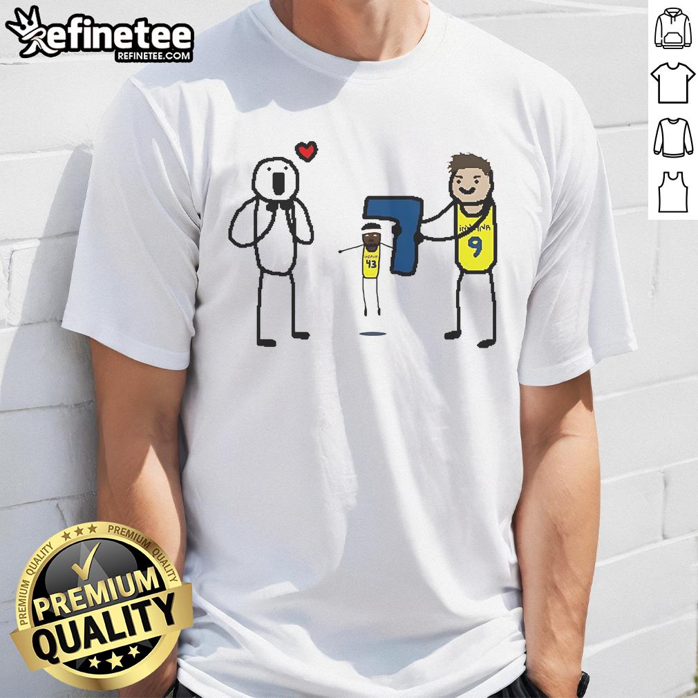 Cartoon T-shirt featuring T.J. McConnell of the Indiana Pacers celebrating a Finals Game 7 victory.