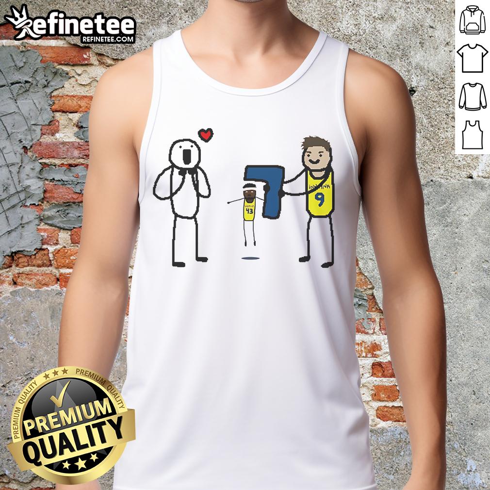 Cartoon tank top featuring T.J. McConnell from the Indiana Pacers celebrating a Finals Game 7 moment.