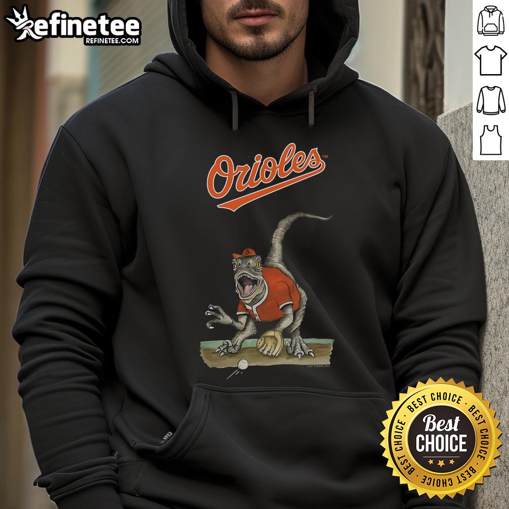 Official Baltimore Orioles Tiny Turnip Velociraptor Hoodie featuring vibrant design and team logo for fans.