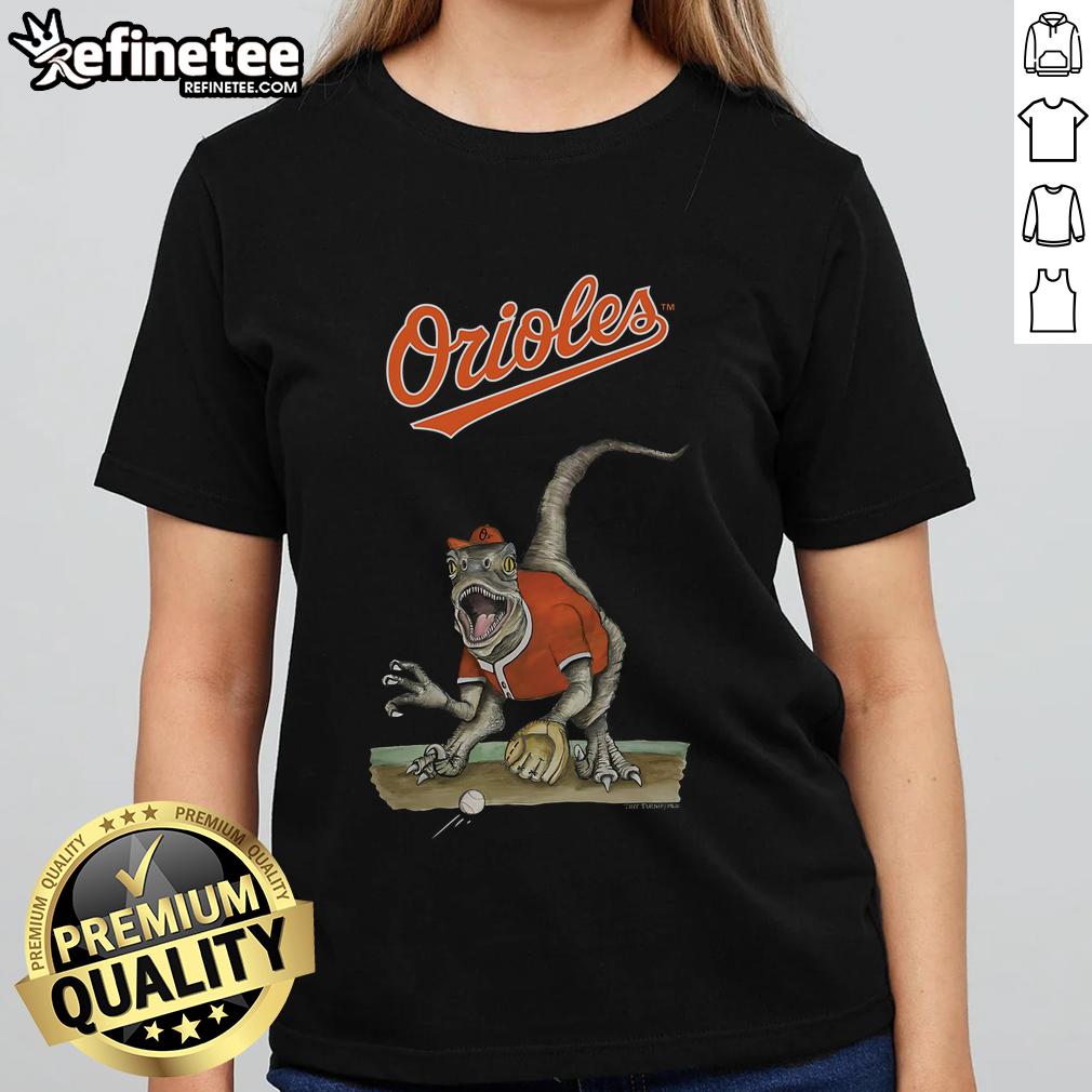 Alt Text: Official Baltimore Orioles Tiny Turnip Velociraptor Ladies Tee featuring a fun dinosaur design for fans.