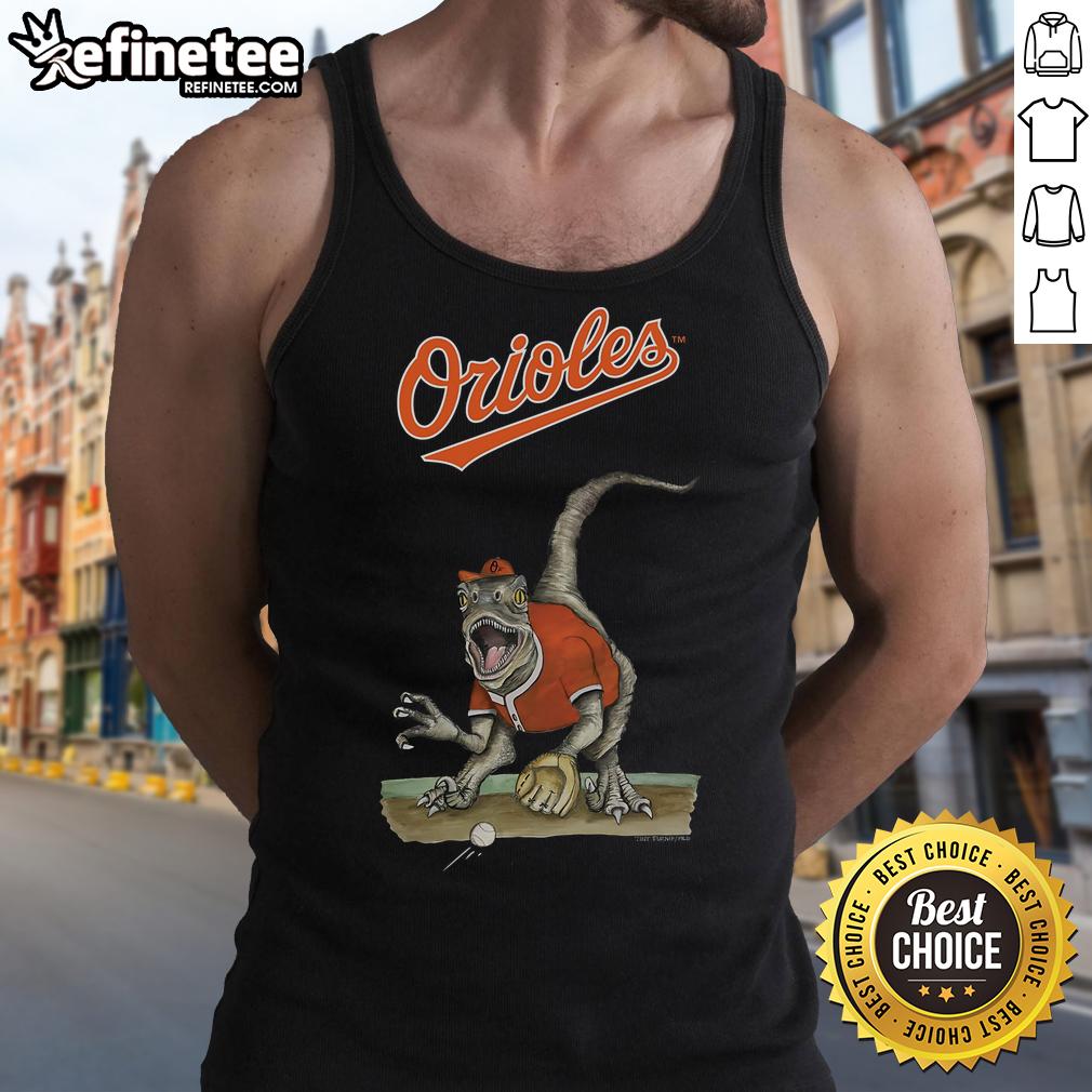 Alt Text: Official Baltimore Orioles Tiny Turnip Velociraptor Tank Top featuring vibrant design for fans and collectors.