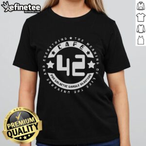 Official Cafe 42 Pan Galactic Gargle Blasters ladies tee featuring 'The Meaning of Life, The Universe, and Everything' design.