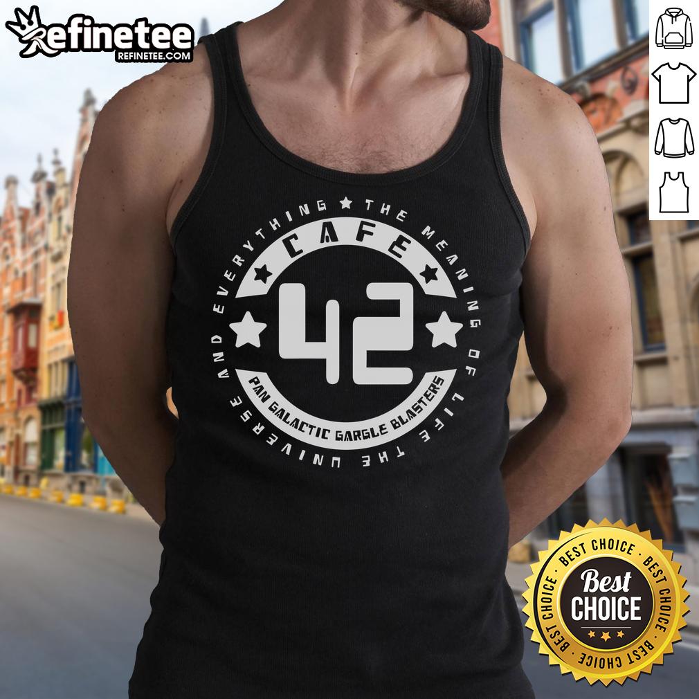 Official Cafe 42 Pan Galactic Gargle Blasters tank top featuring 'The Meaning of Life, The Universe, and Everything' design.