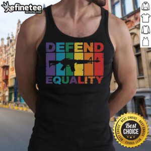 Official Defend Equality LGBT Gay Flag Tank Top featuring an assault rifle design, promoting LGBTQ+ rights and pride.
