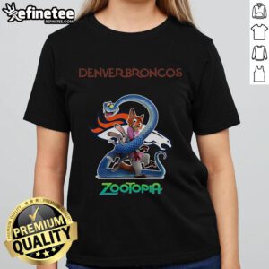 Official Denver Broncos Zootopia 2 Ladies Tee featuring vibrant graphics, perfect for fans and stylish game day wear.