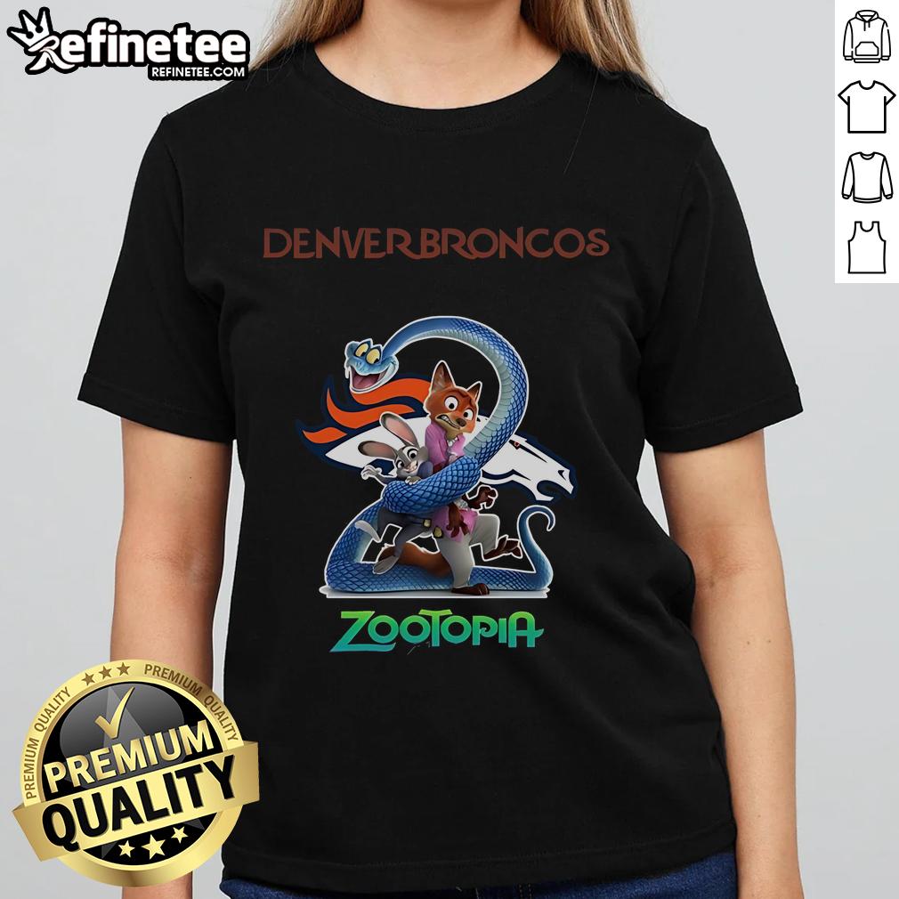 Official Denver Broncos Zootopia 2 Ladies Tee featuring vibrant graphics, perfect for fans and stylish game day wear.
