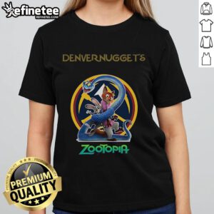 Alt Text: Official Denver Nuggets Zootopia 2 ladies tee featuring vibrant graphics and comfortable fit for fans.