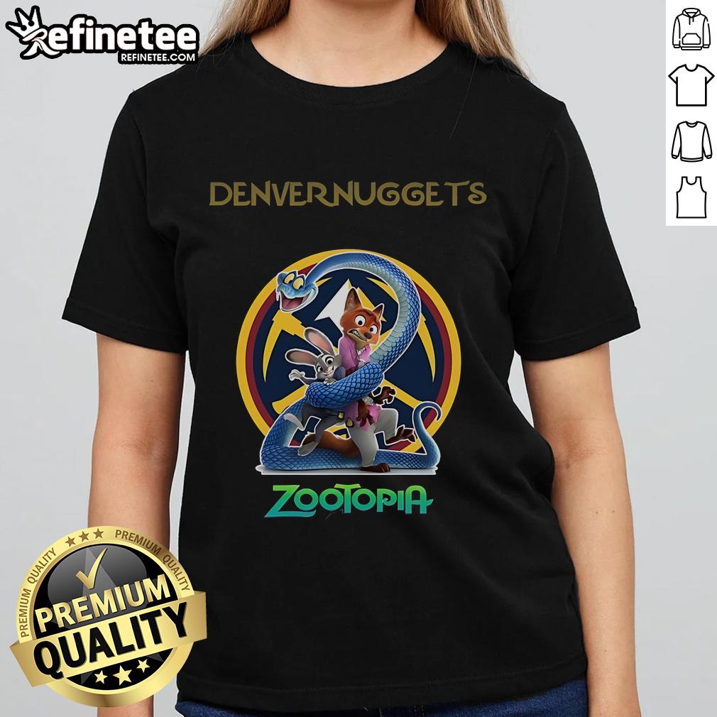 Alt Text: Official Denver Nuggets Zootopia 2 ladies tee featuring vibrant graphics and comfortable fit for fans.
