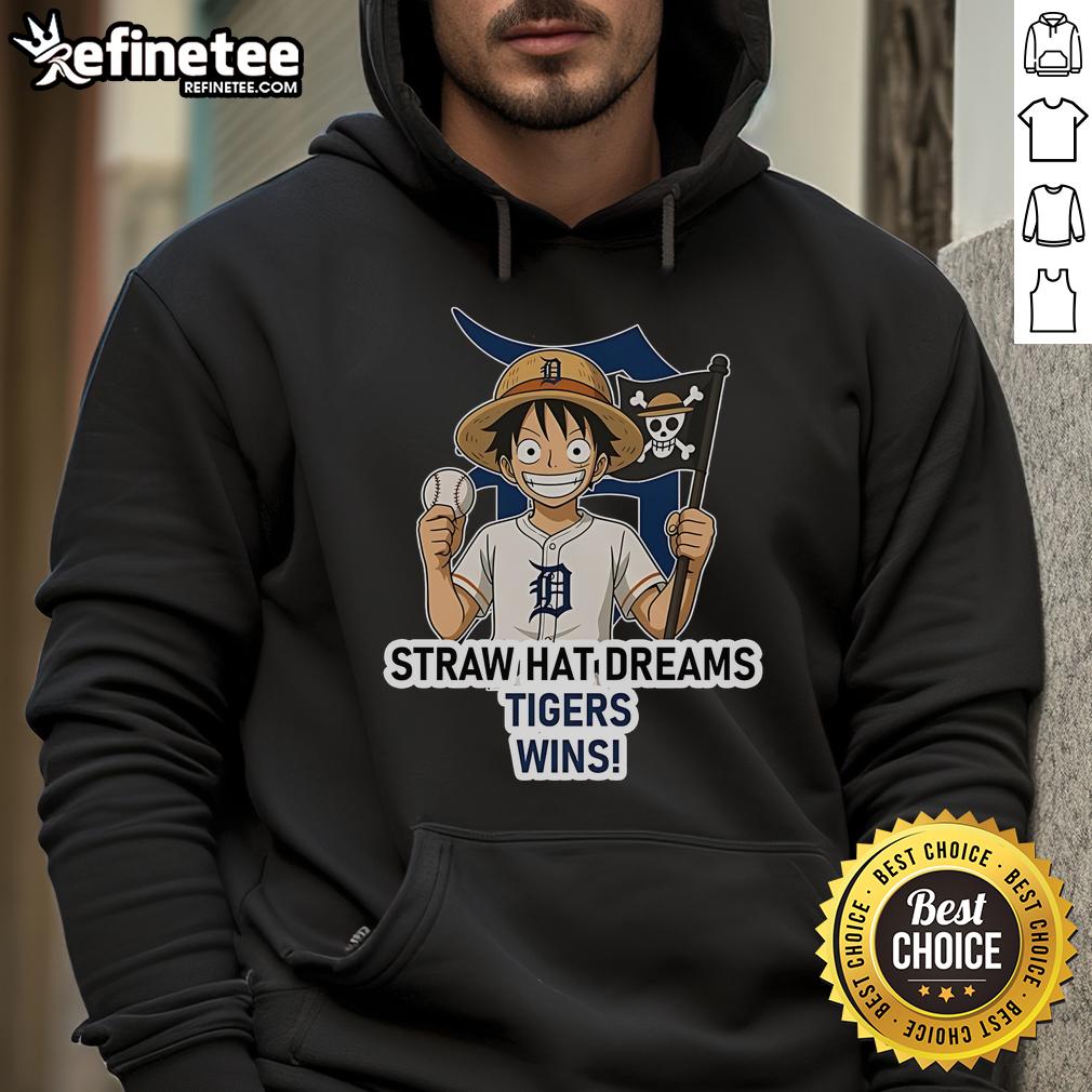 Alt Text: Official Detroit Tigers Monkey D. Luffy Straw Hat Dreams Wins hoodie featuring vibrant team colors and anime design.