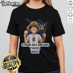Alt Text: Official Detroit Tigers Monkey D. Luffy Straw Hat Dreams Wins ladies tee featuring vibrant graphics and team colors.