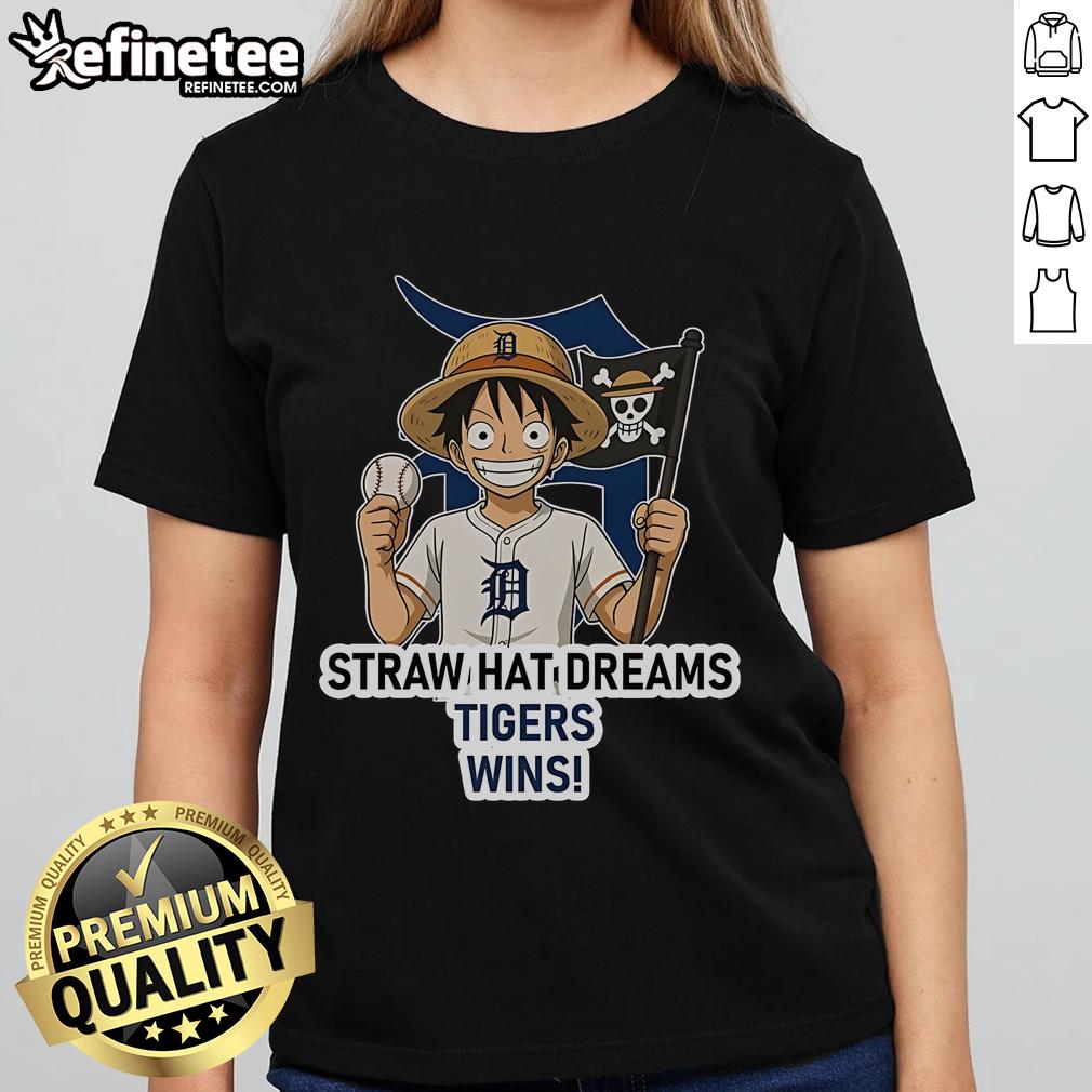 Alt Text: Official Detroit Tigers Monkey D. Luffy Straw Hat Dreams Wins ladies tee featuring vibrant graphics and team colors.