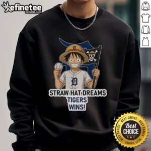Official Detroit Tigers Monkey D. Luffy Straw Hat Dreams Wins Sweatshirt showcasing vibrant design and team spirit.