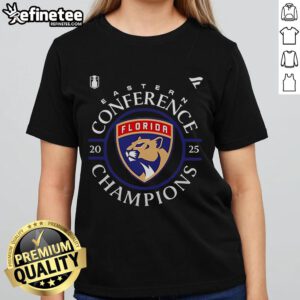 Official Florida Panthers 2025 Eastern Conference Champions locker room ladies tee showcasing team pride and style.