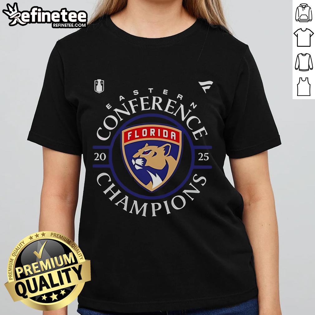 Official Florida Panthers 2025 Eastern Conference Champions locker room ladies tee showcasing team pride and style.