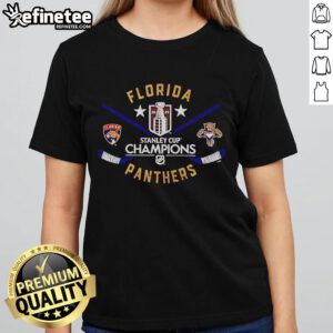 Official Florida Panthers 2025 Stanley Cup Champions off-shoulder ladies tee in vibrant team colors and stylish design.
