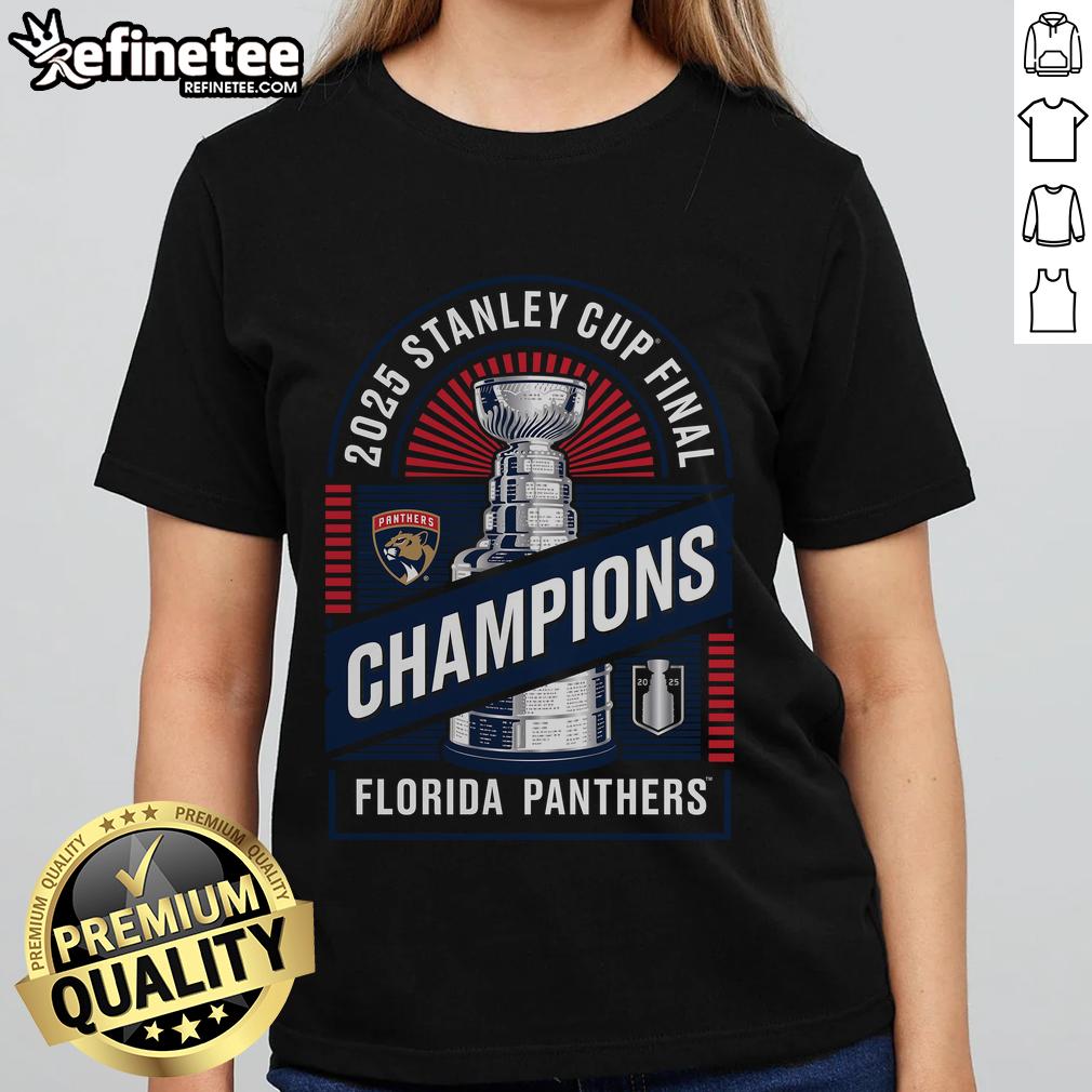 Official Florida Panthers 2025 Stanley Cup Champions Shine Ladies Tee showcasing team pride and style.