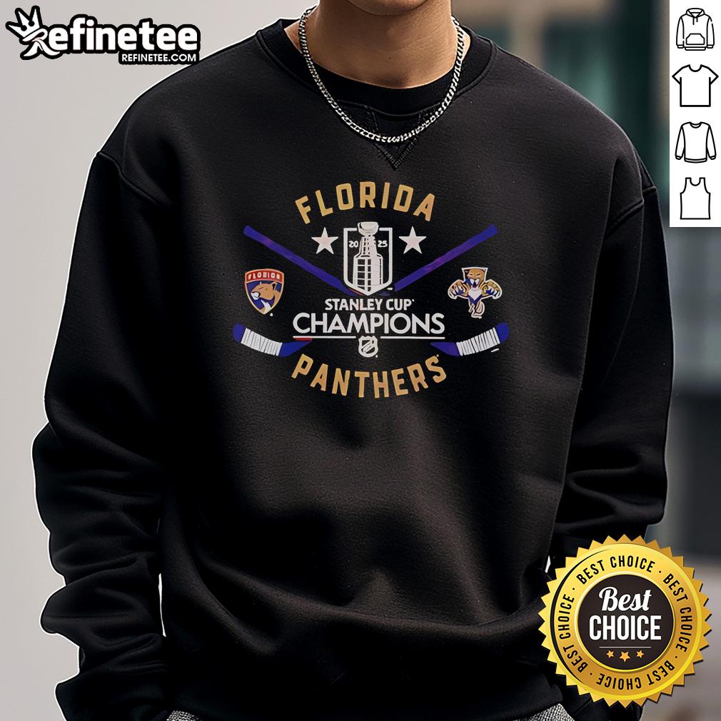 Official Florida Panthers Majestic Threads 2025 Stanley Cup Champions off-shoulder sweatshirt in team colors and design.