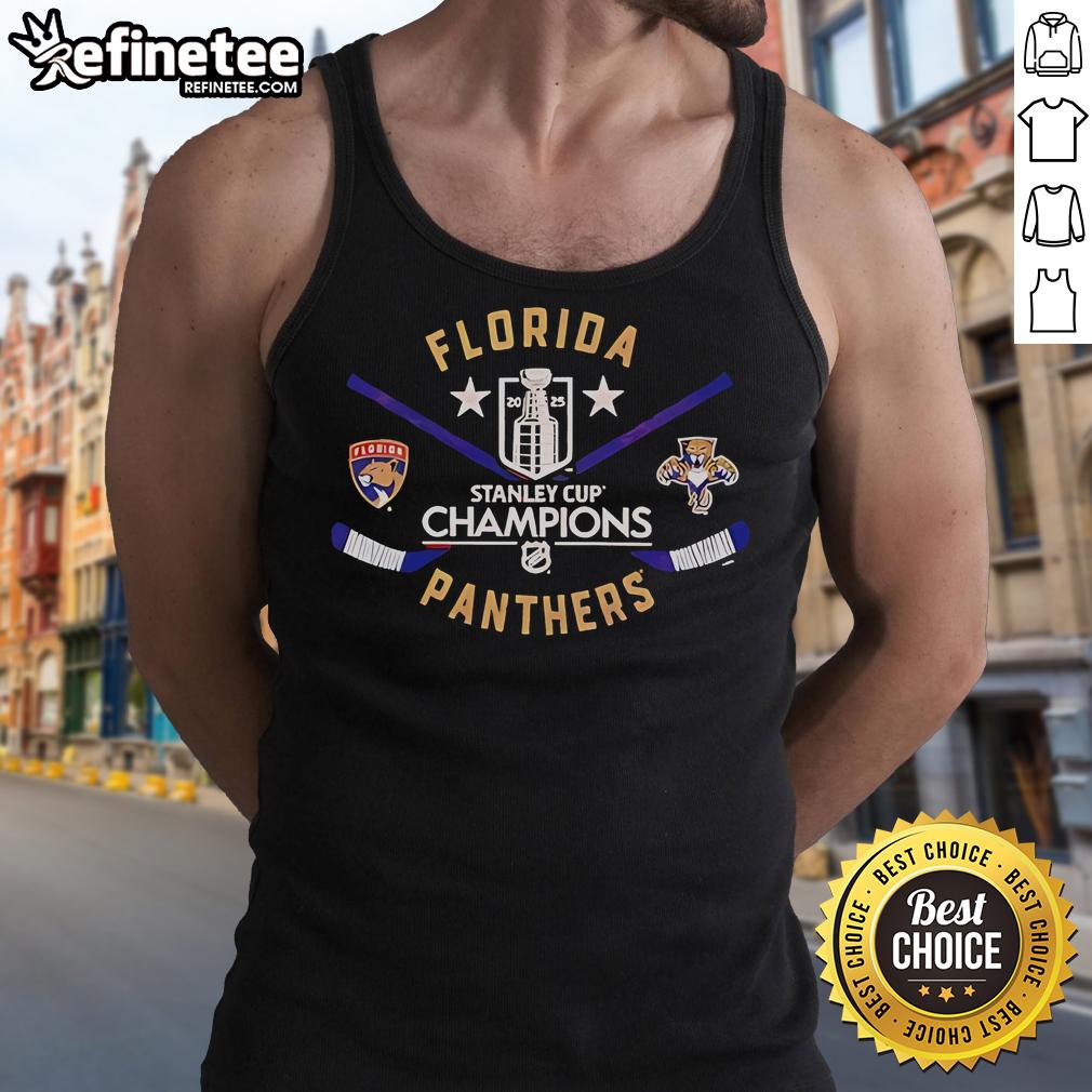 Official Florida Panthers Majestic Threads 2025 Stanley Cup Champions off-shoulder tank top in vibrant colors.