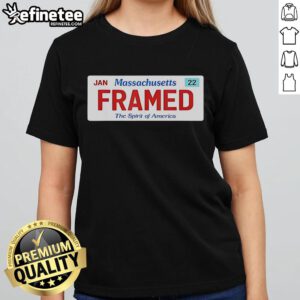 Official framed Massachusetts license plate design with police justice satire logo on a ladies tee.
