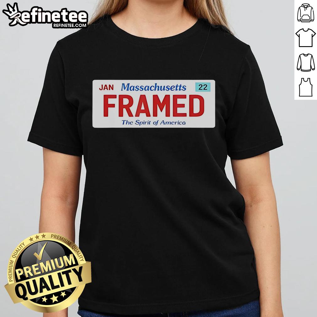 Official framed Massachusetts license plate design with police justice satire logo on a ladies tee.