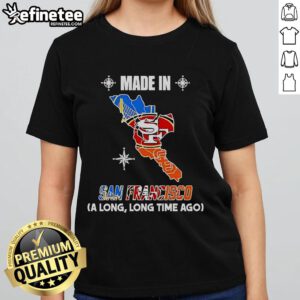 Official Golden State 49ers Giants logos on a vintage map, featuring a ladies tee design made in San Francisco.