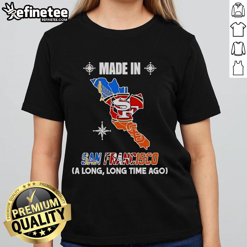 Official Golden State 49ers Giants logos on a vintage map, featuring a ladies tee design made in San Francisco.