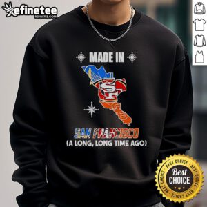 Golden State 49ers and Giants logos on a vintage map sweatshirt, showcasing San Francisco's sports history.