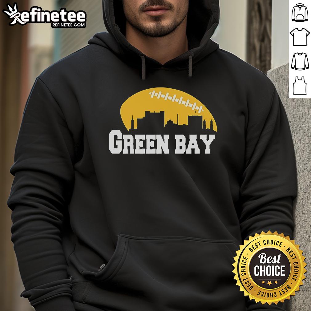 Official Green Bay City Skyline Football Hoodie featuring vibrant cityscape design and team colors, perfect for fans.