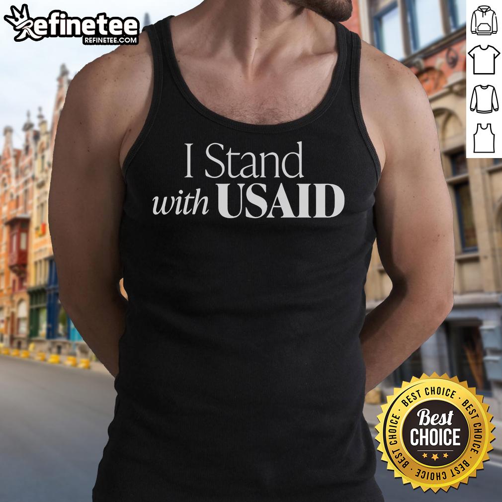 I Stand With USAID tank top showcasing bold lettering, perfect for supporters of USAID and humanitarian efforts.