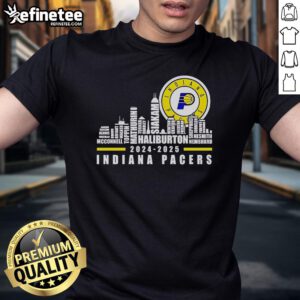 Alt Text: Official Indiana Pacers NBA 2024-2025 Skyline T-Shirt featuring team colors and logo on a stylish design.