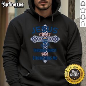 Alt Text: Kansas City Royals hoodie featuring 'Jesus First' and 'Through Christ Who Strengthens Me' design in vibrant colors.