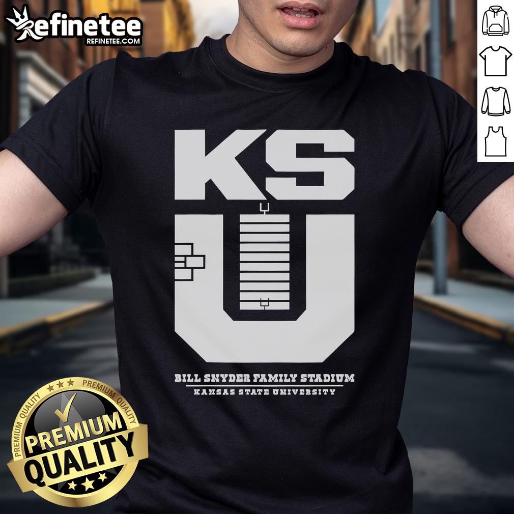 Alt Text: Official Kansas State Football Stadium KSU monogram t-shirt displayed on a hanger, featuring vibrant team colors and logo.