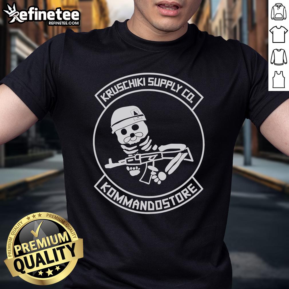 Alt Text: Official Kruschiki Supply Co X Kommandostore Skeleton T-Shirt featuring a unique skeleton graphic design on a black tee.