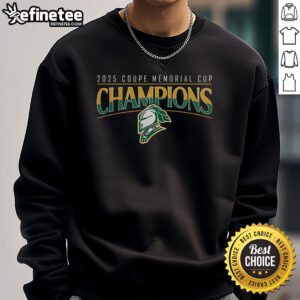 Official London Knights Champions Memorial Cup 2025 sweatshirt showcasing team logo and celebration graphics.