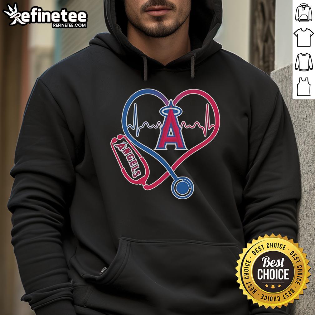Official Los Angeles Angels Caring Hearts Nurse Hoodie with stethoscope and heartbeat design, perfect for healthcare fans.