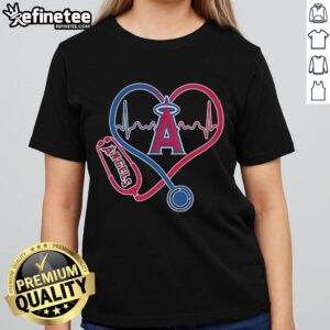Official Los Angeles Angels Caring Hearts tee featuring a nurse, stethoscope, and heartbeat design for ladies.
