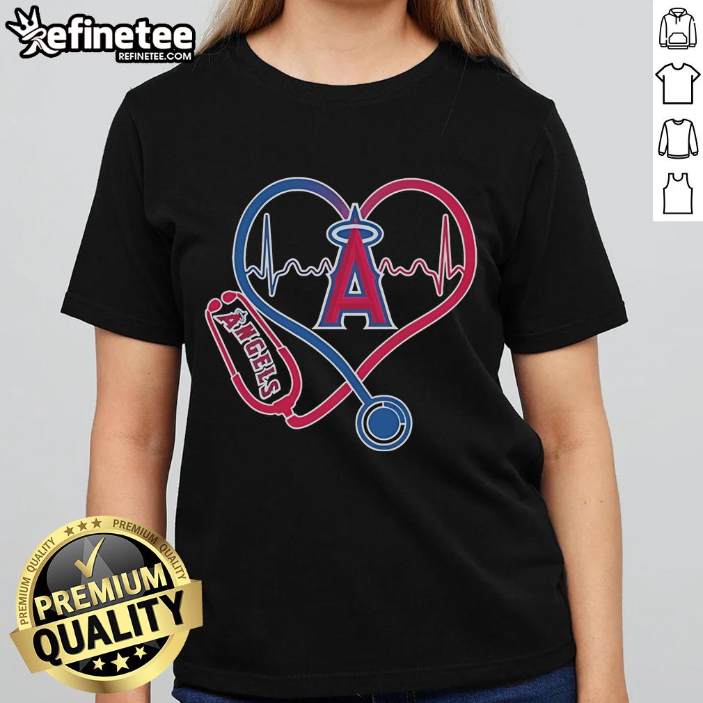 Official Los Angeles Angels Caring Hearts tee featuring a nurse, stethoscope, and heartbeat design for ladies.