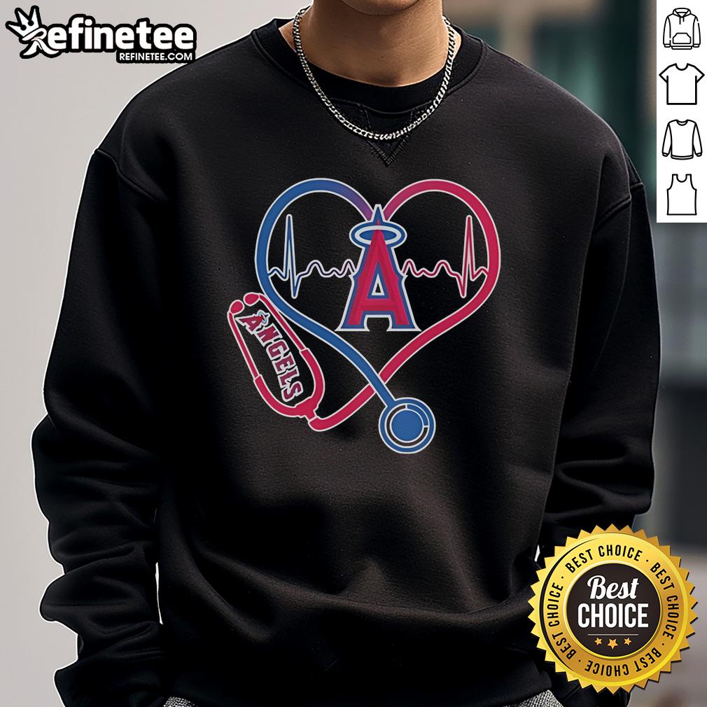 Alt Text: Official Los Angeles Angels Caring Hearts sweatshirt featuring a nurse, stethoscope, and heartbeat design.