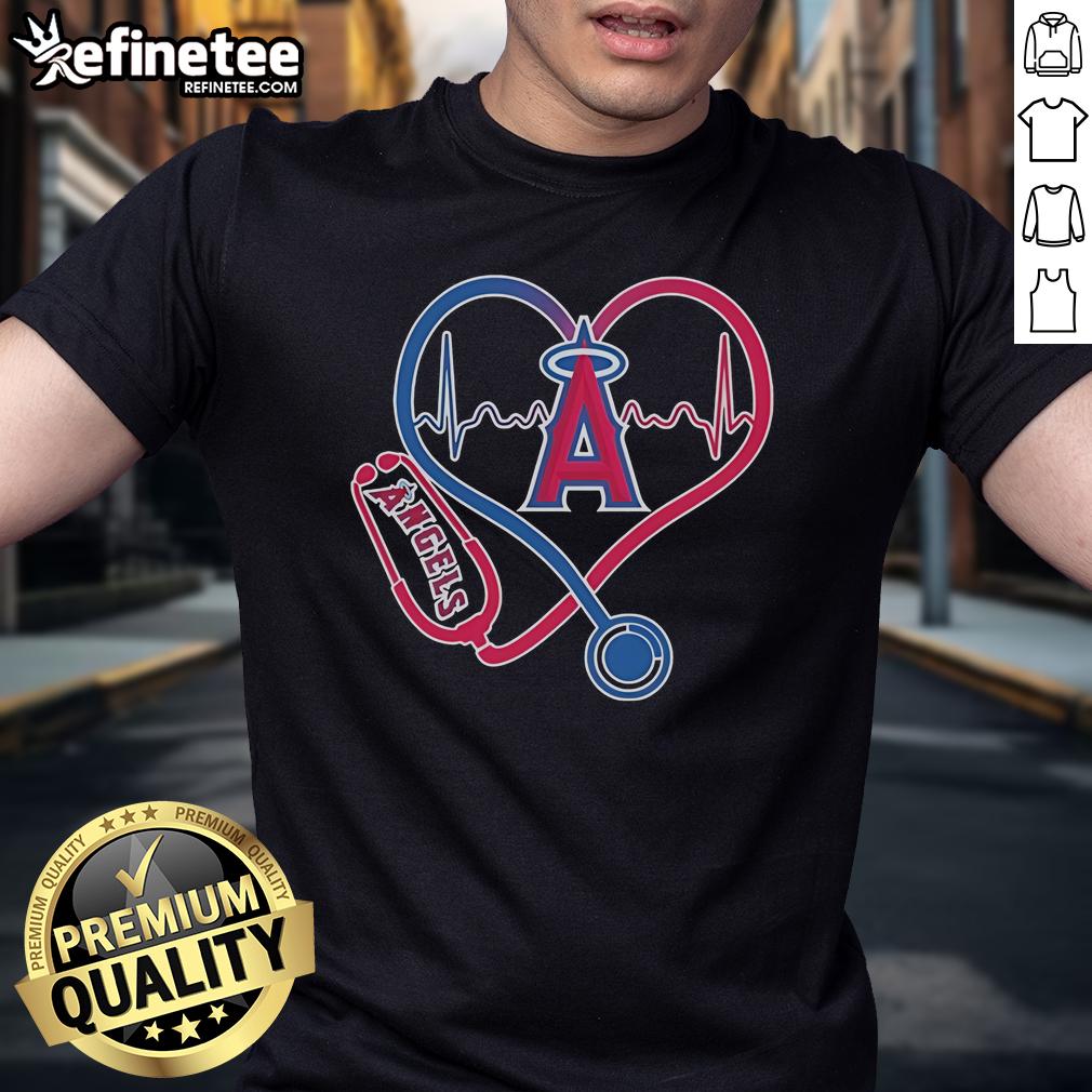 Official Los Angeles Angels Caring Hearts Nurse T-Shirt featuring a stethoscope and heartbeat design, perfect for fans.