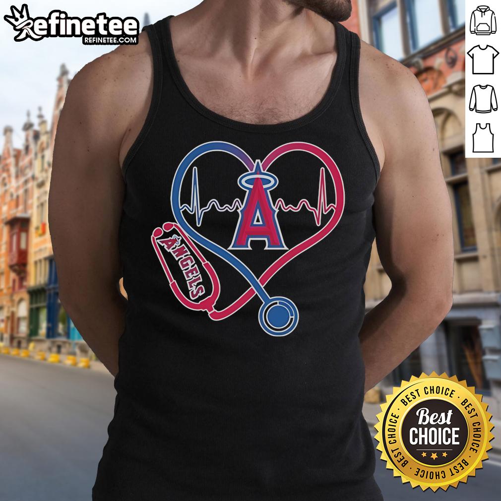 Official Los Angeles Angels Caring Hearts tank top featuring a nurse stethoscope and heartbeat design for fans.