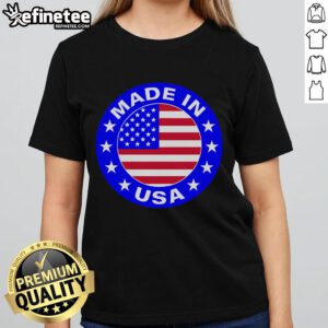 Official Made in the USA badge on a stylish ladies tee, showcasing quality and patriotic design.