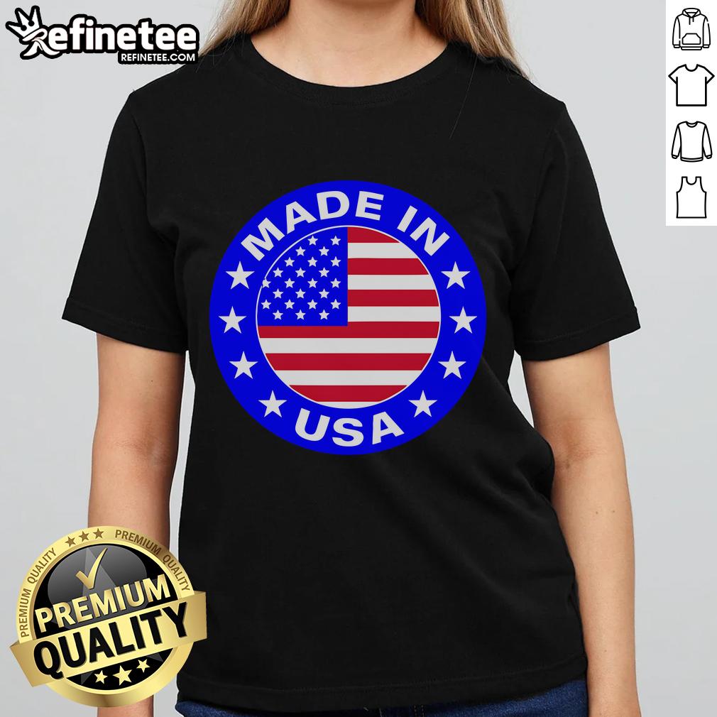 Official Made in the USA badge on a stylish ladies tee, showcasing quality and patriotic design.