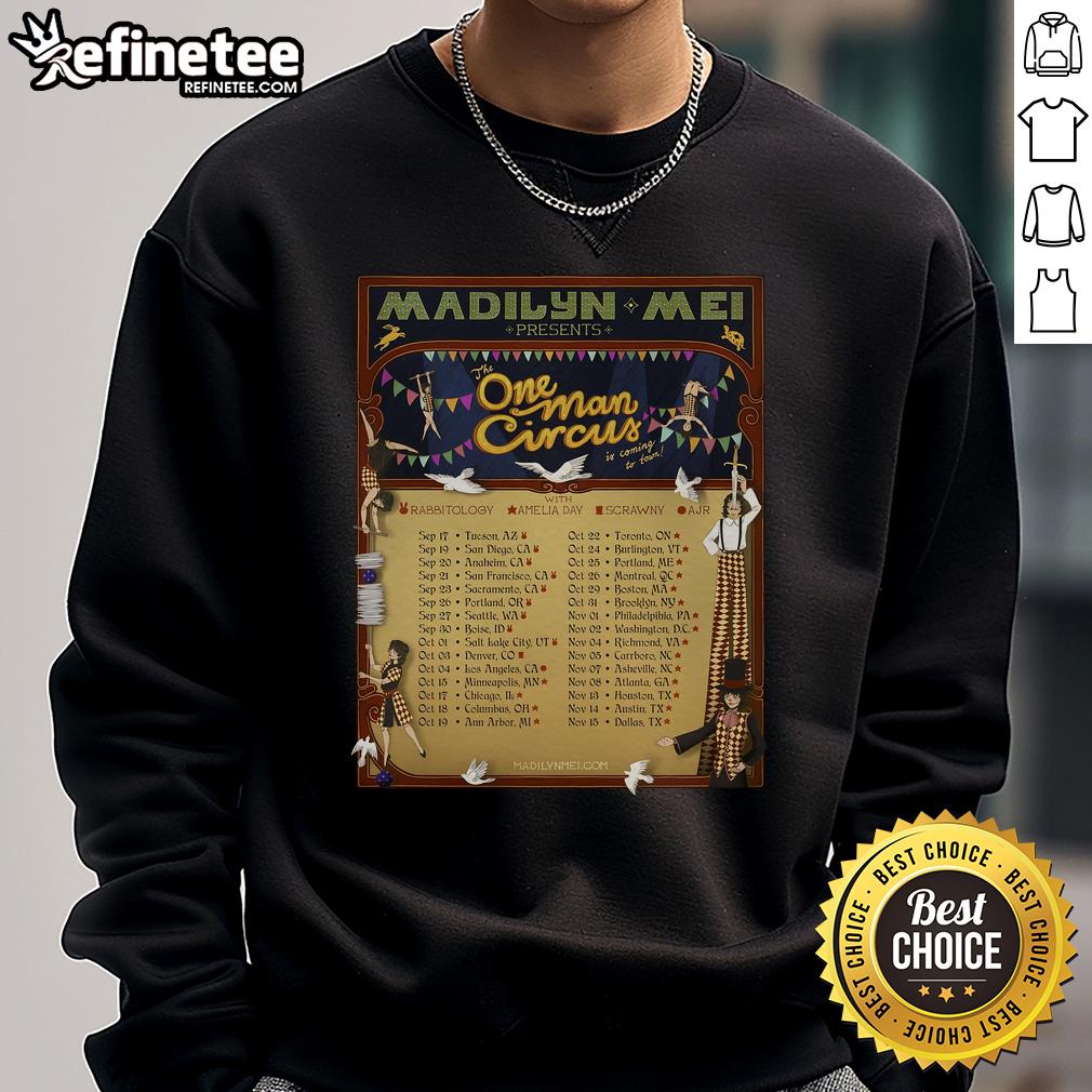 Alt Text: Madilyn Mei The One Man Circus 2025 tour poster on a sweatshirt, featuring vibrant colors and tour details.